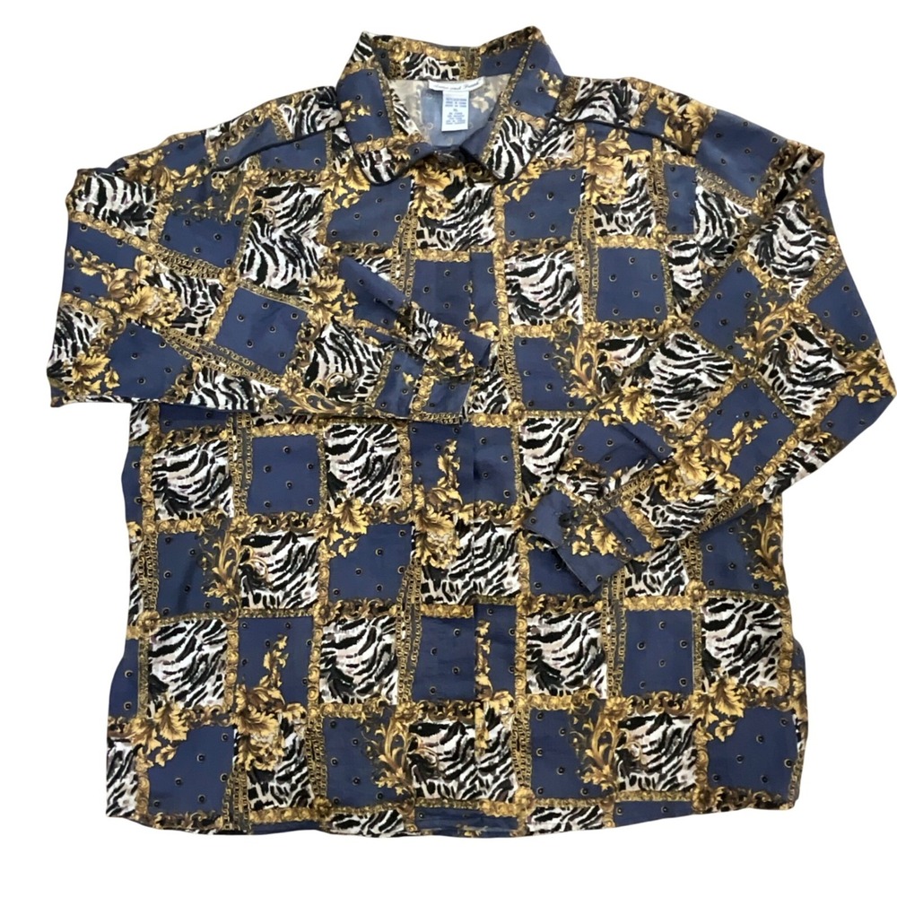 Anna & Frank Silk Shirt XL Blue Gold Zebra Print Animal Baroque Long Sleeve